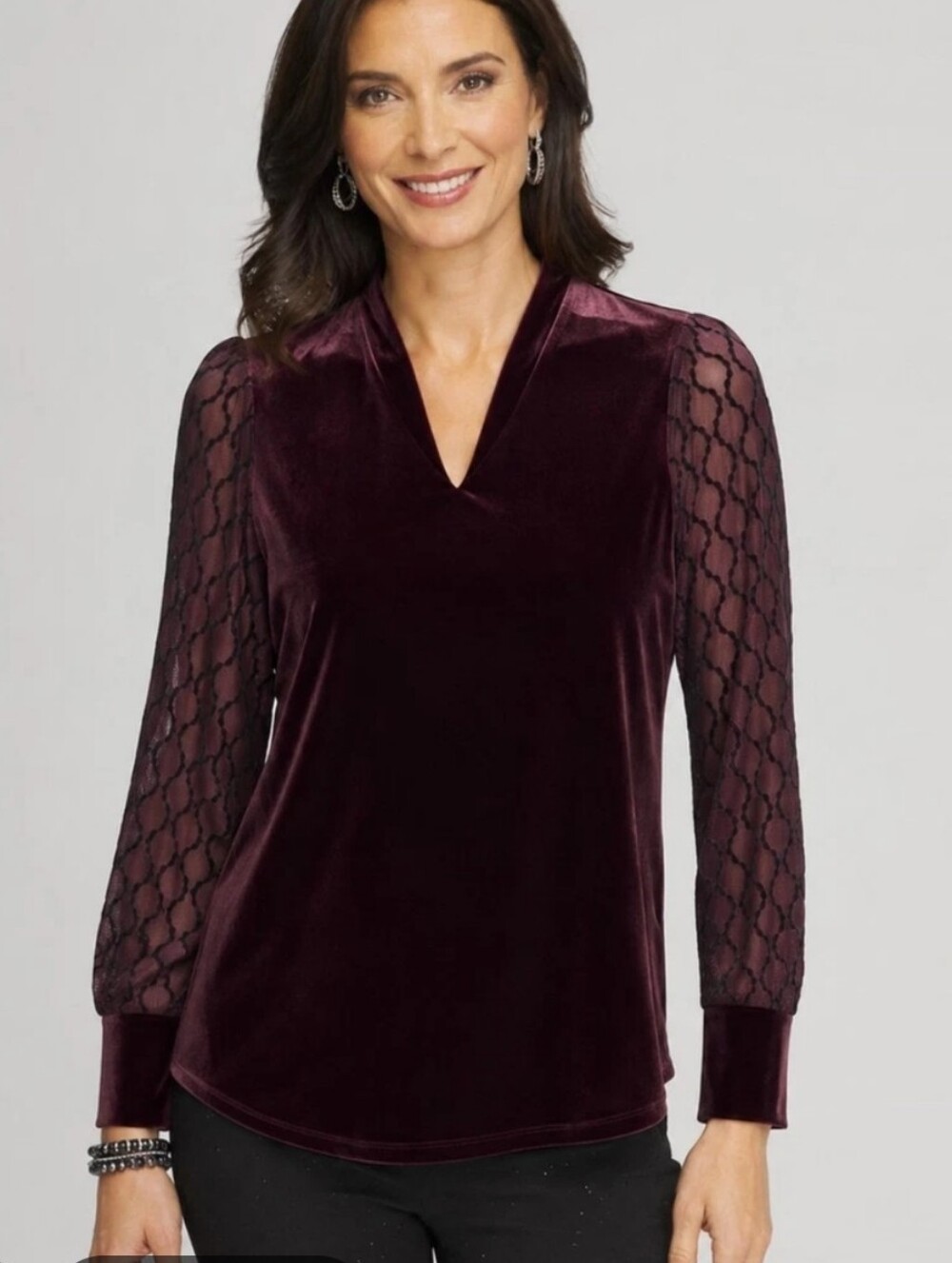 Chico's Velvet V-neck Long Sleeve Top In Burgundy